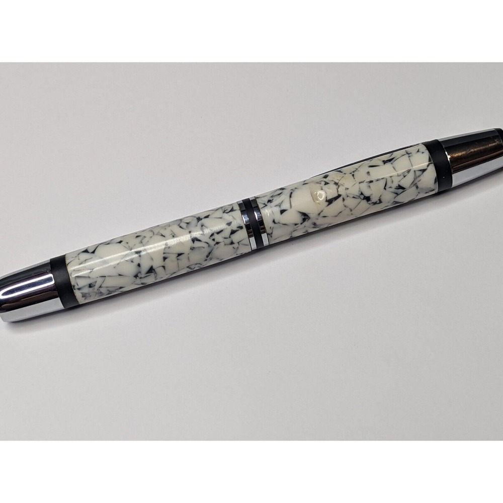 Handmade Black White Mosaic Acrylic Ballpoint Pen with Integrated LED Flashlight